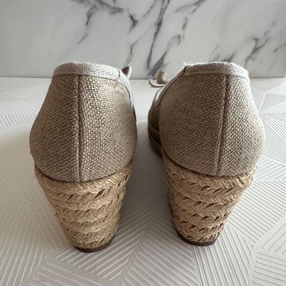 Tory Buch Espadrilles Wedged Slip On Metallic Canvas Neutral Tan Size 6.5 - Picture 4 of 10
